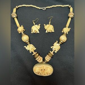 Vintage Hand Carved Elephant Set Necklace Earrings  Beads Statement piece